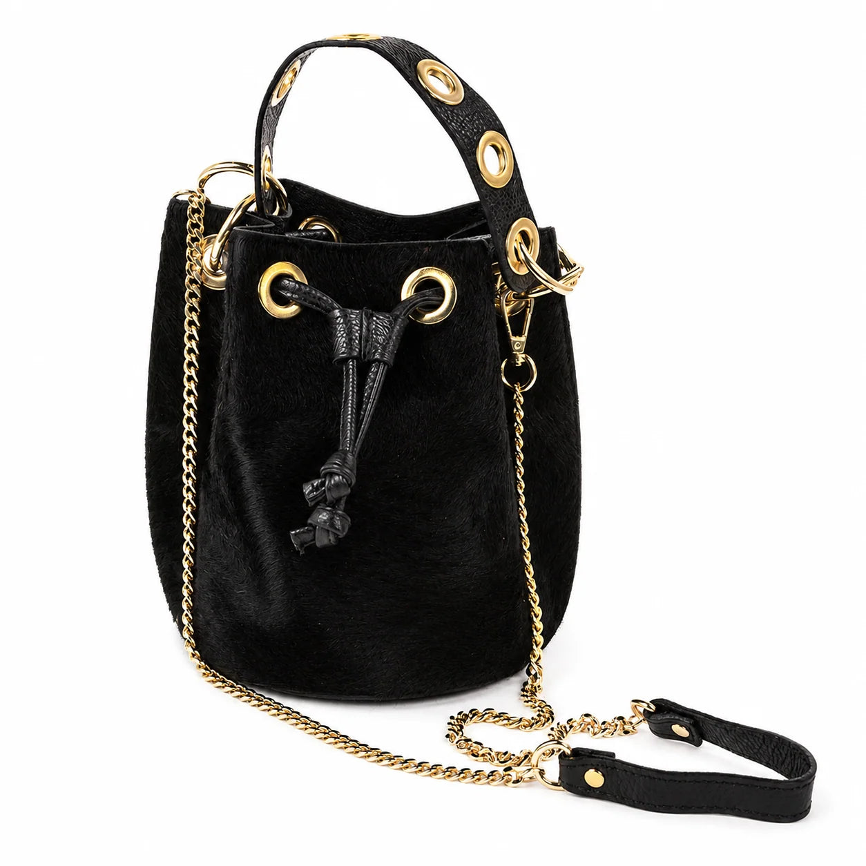 Genuine Leather & Cowhide Bucket Bag - Black