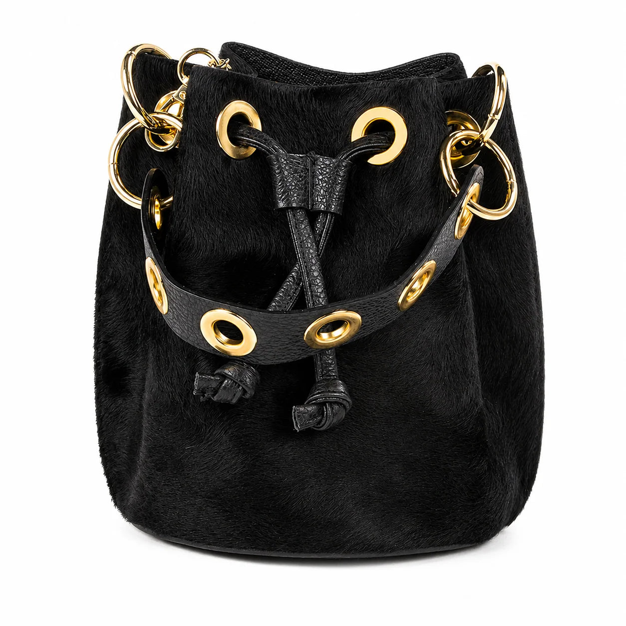Genuine Leather & Cowhide Bucket Bag - Black