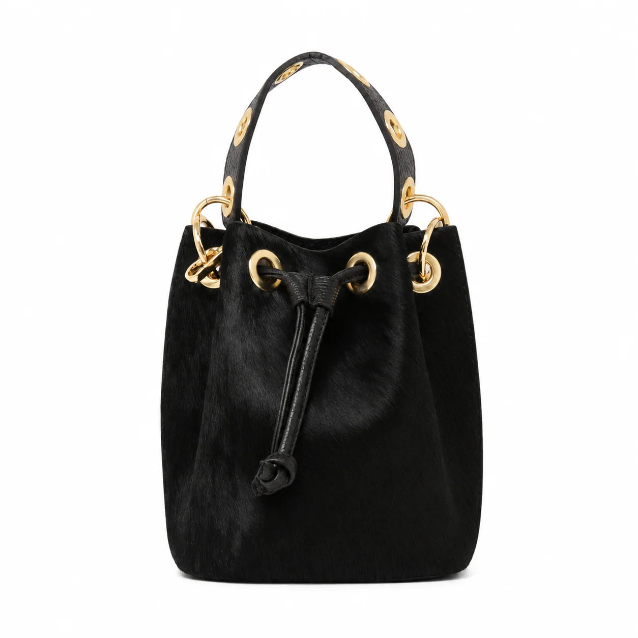 Genuine Leather & Cowhide Bucket Bag - Black