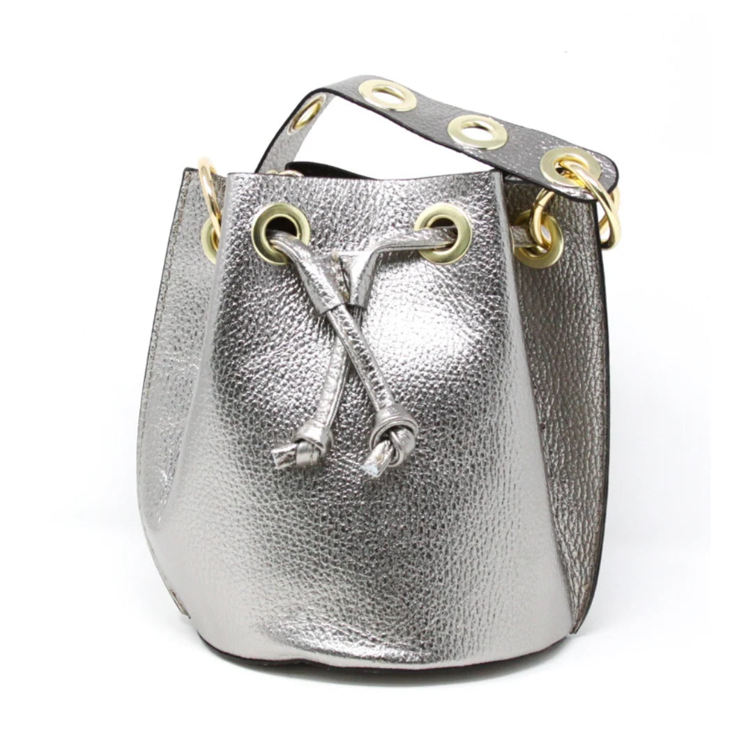 Genuine Italian Leather Bucket Bag - Pewter