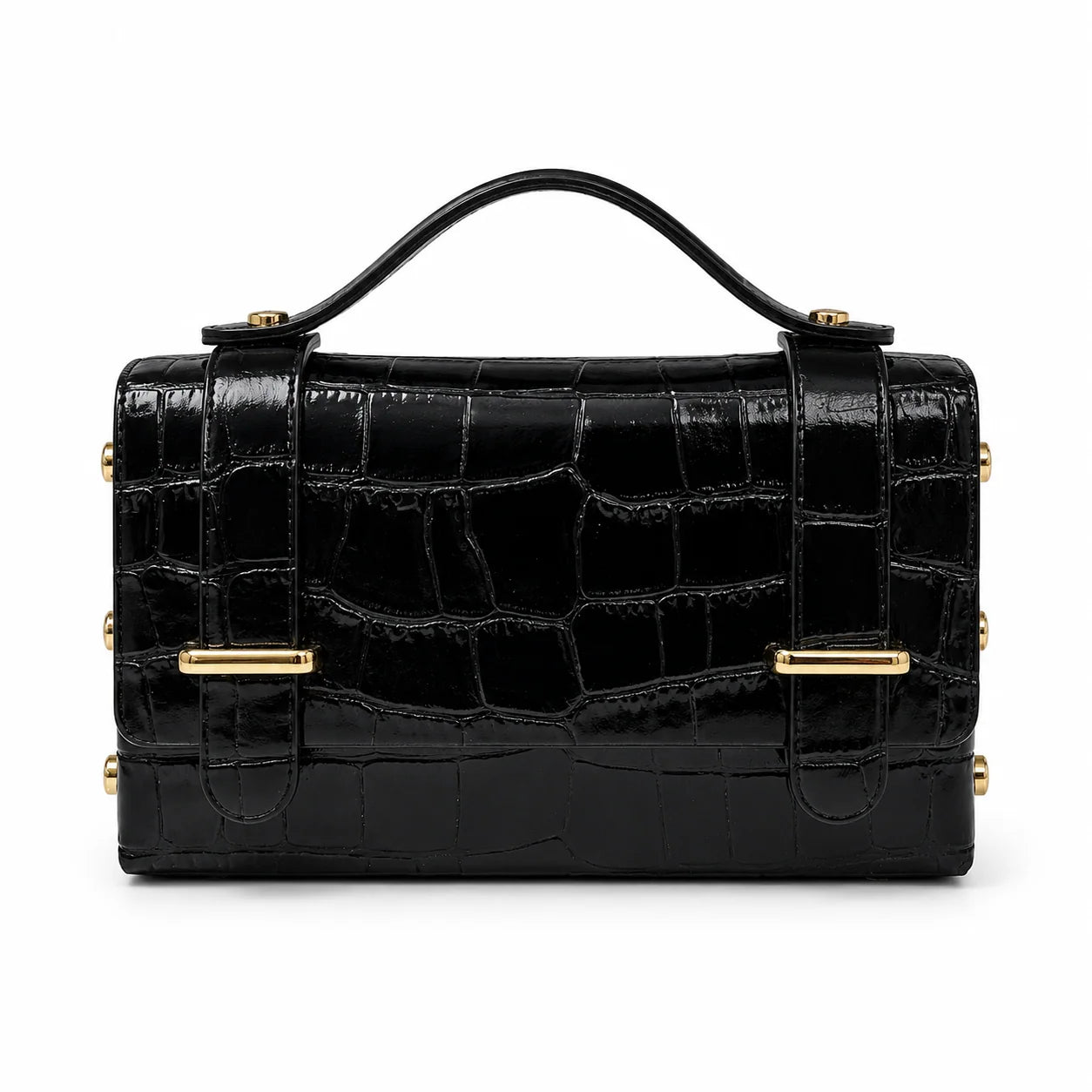 Croco Leather Handbag - Black