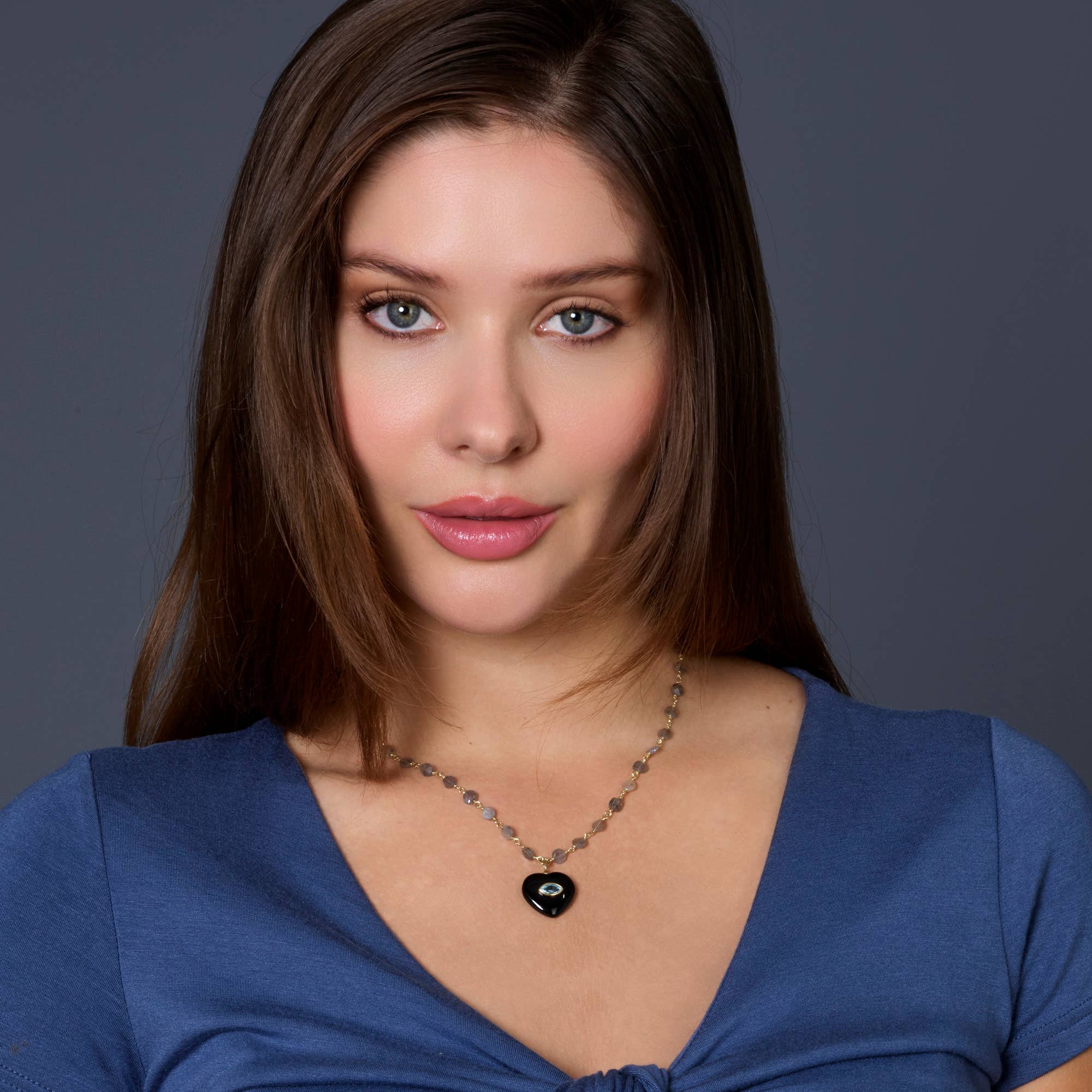 Black Onyx and Labradorite Heart Pendant Necklace