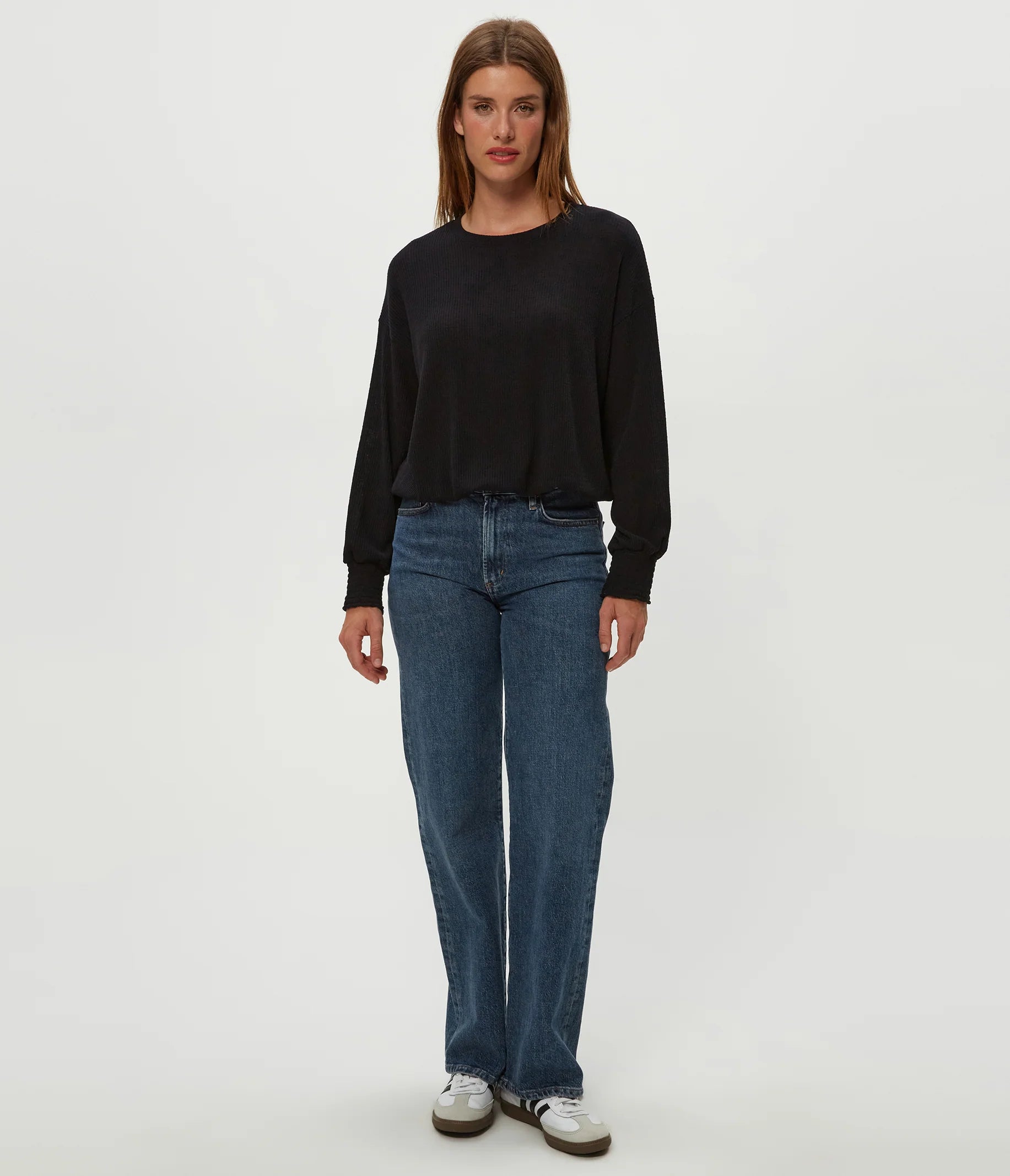 Ribbed Crew Neck With Smocked Cuffts