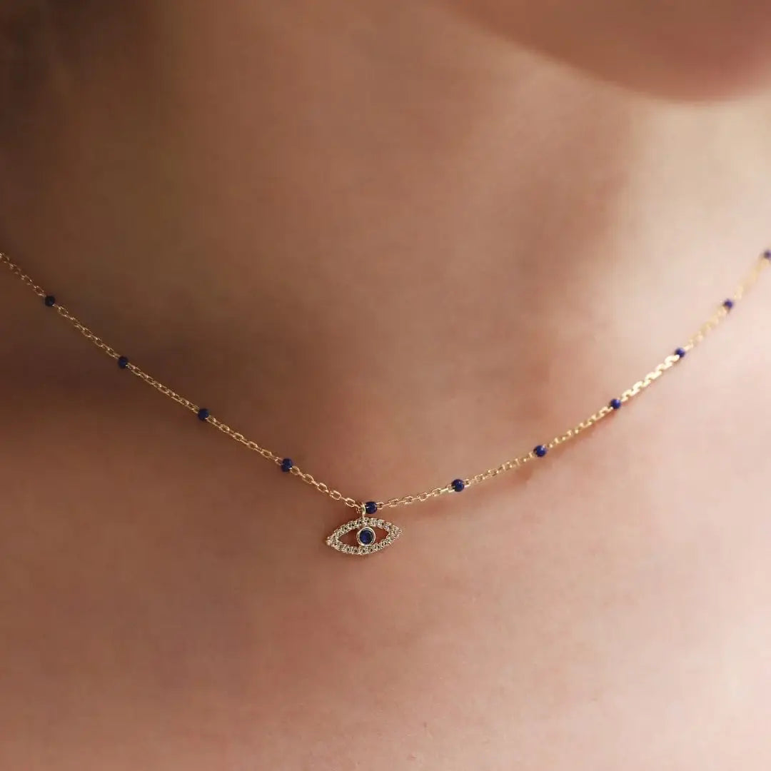 Enamel Beaded Chain with CZ Evil Eye Pendant