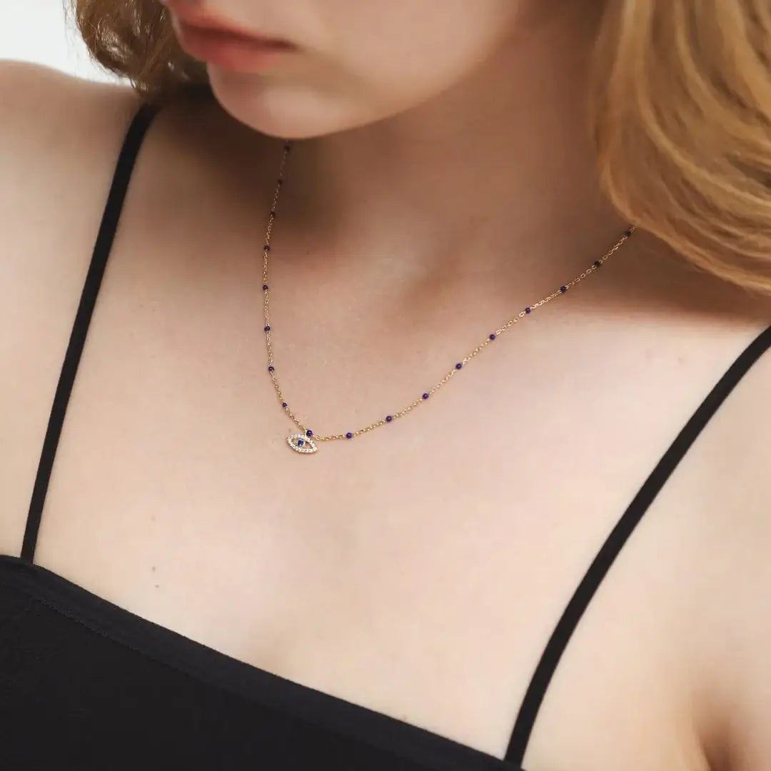 Enamel Beaded Chain with CZ Evil Eye Pendant