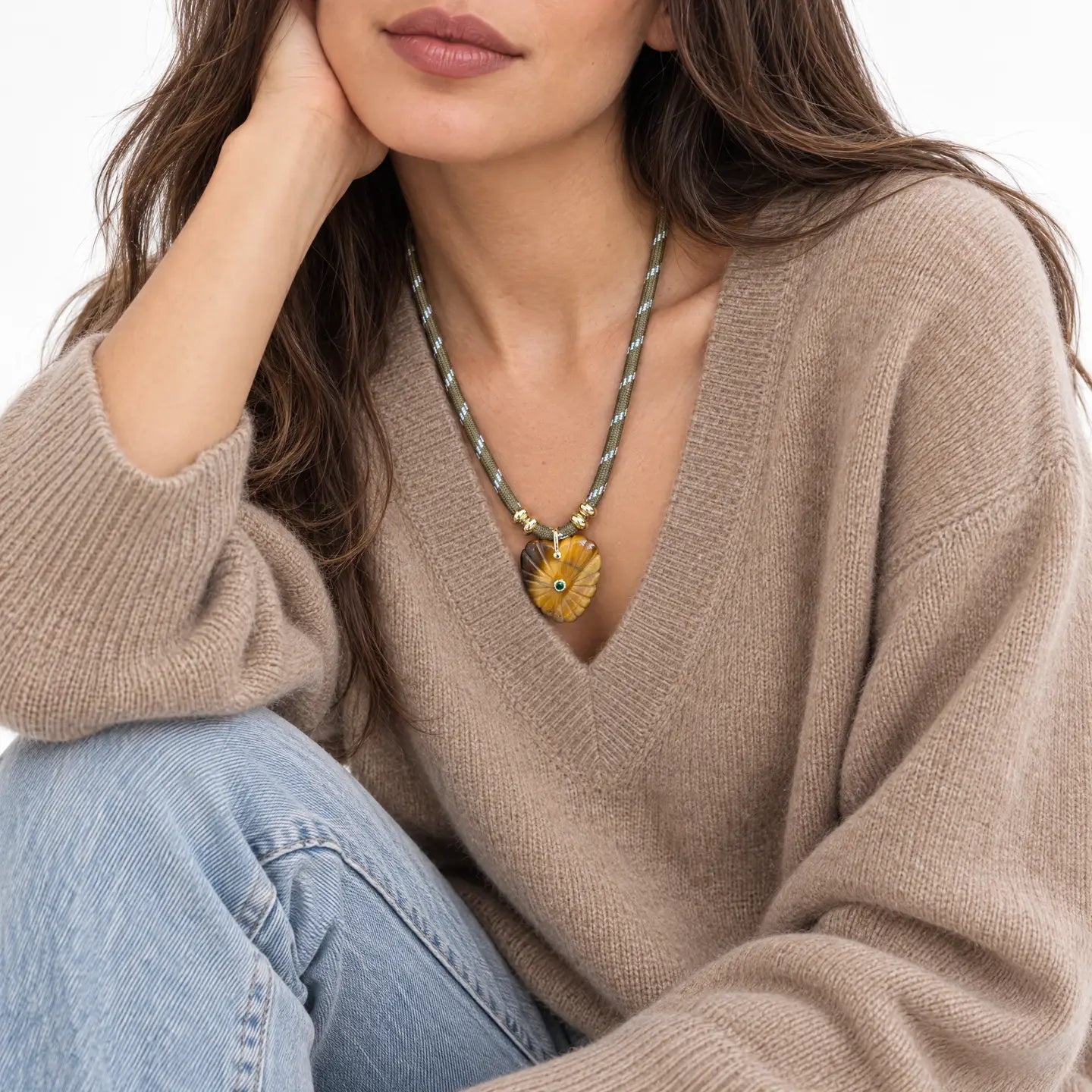 Tiger Eye Heart Stone Rope Necklace