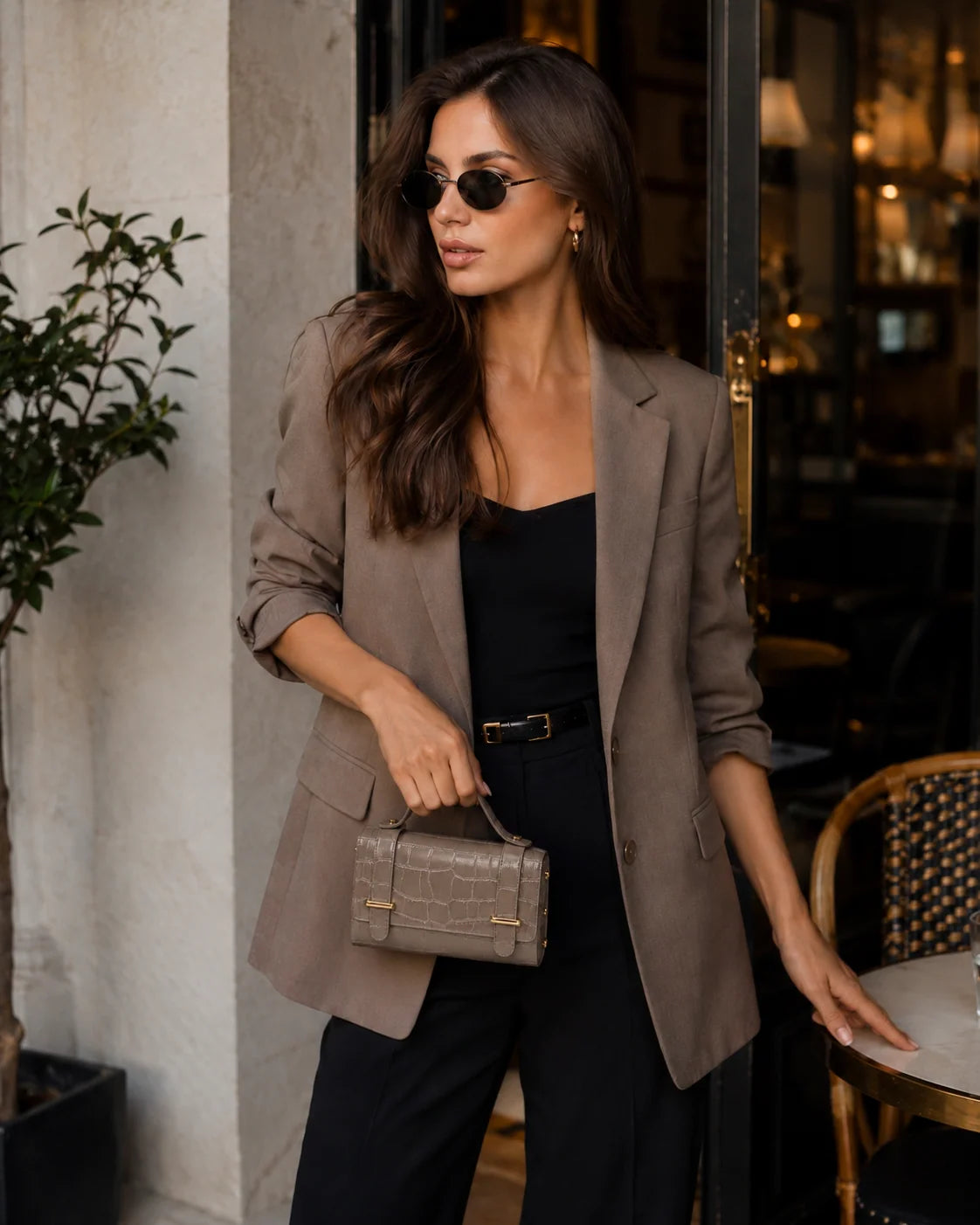 Croco Leather Handbag - Taupe