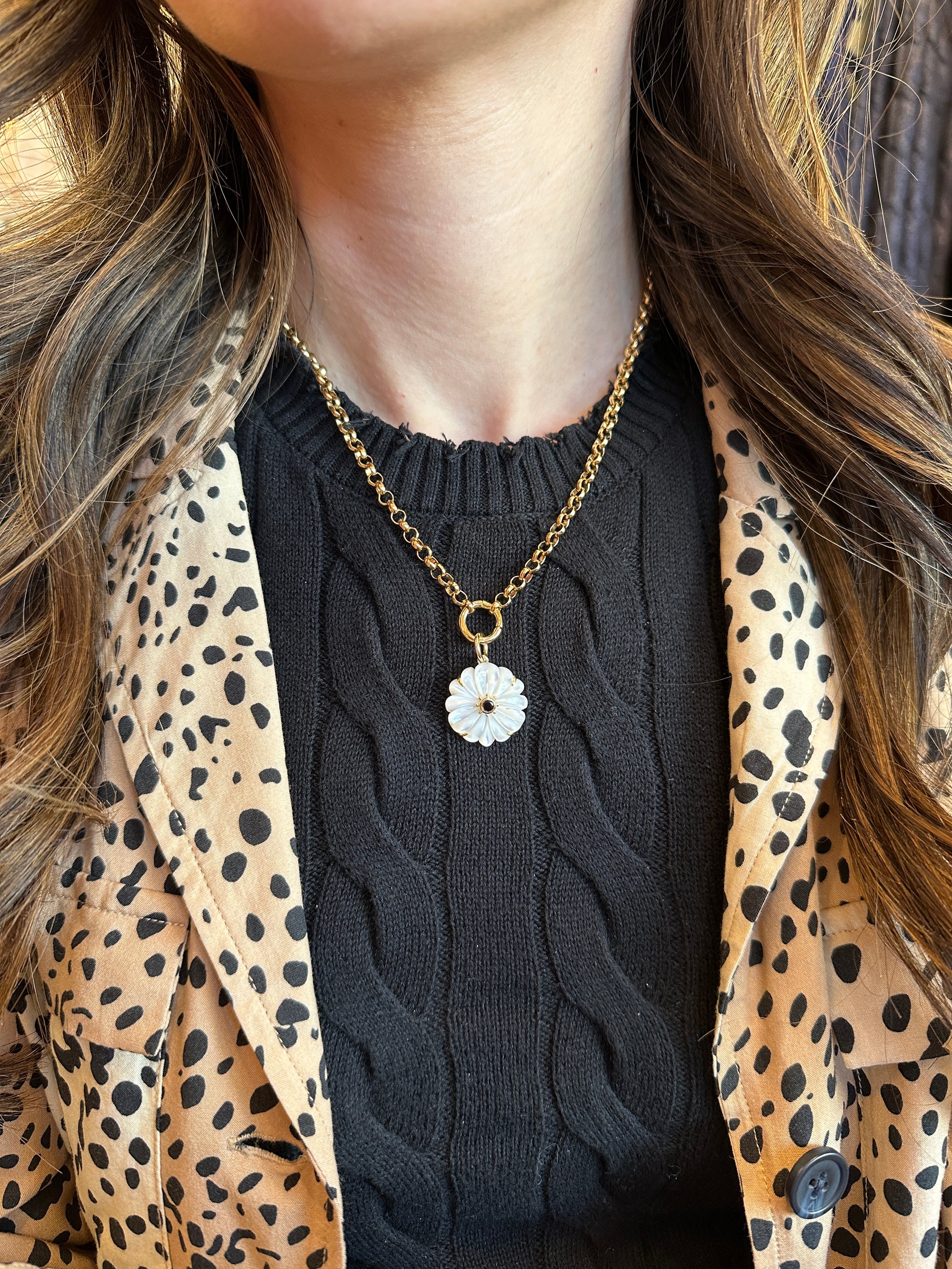 Hand Carved Mother of Pearl Flower Pendant Necklace