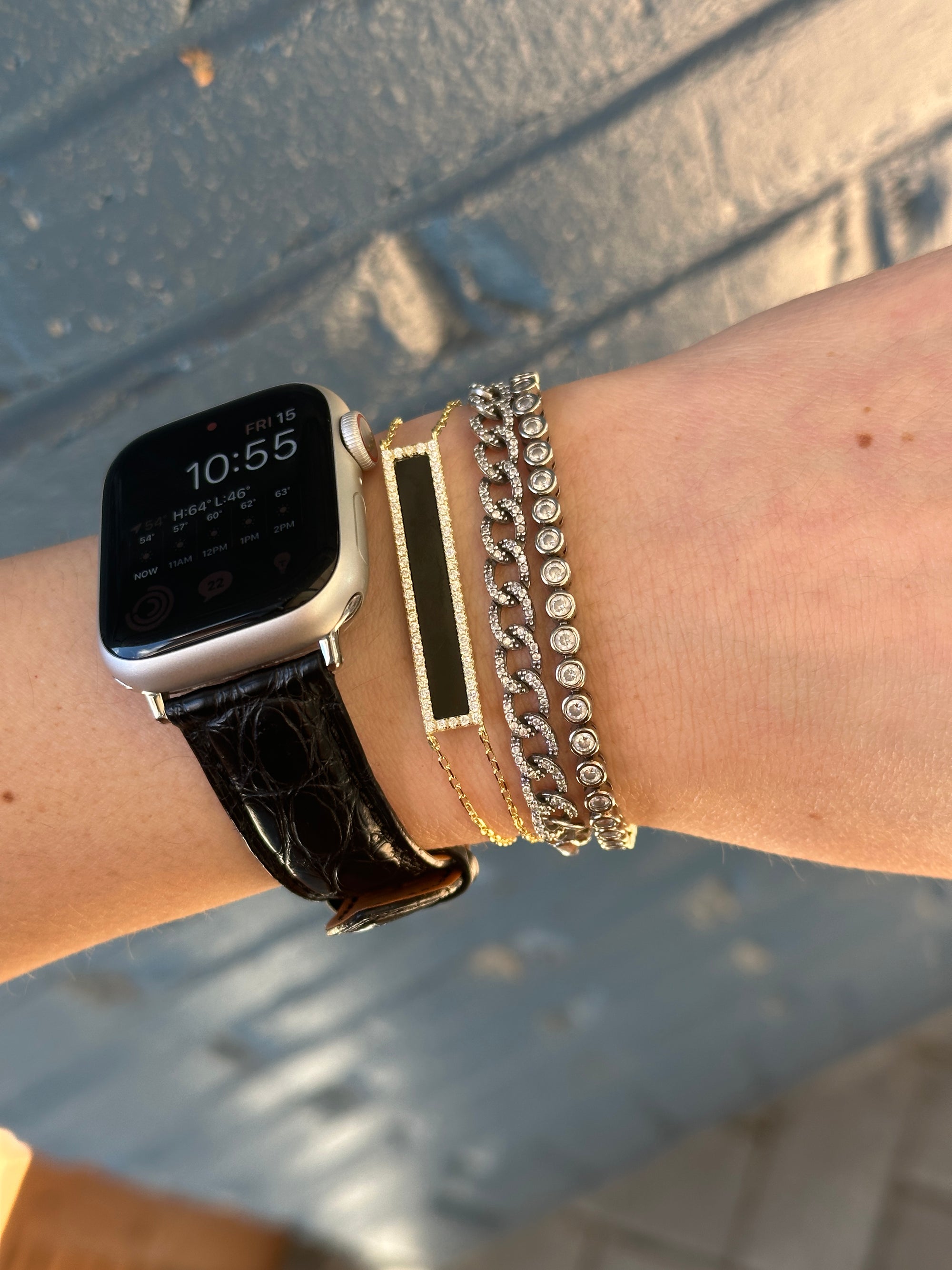 Gold Plated Sterling Black Onyx Bar with CZ Border Bracelet