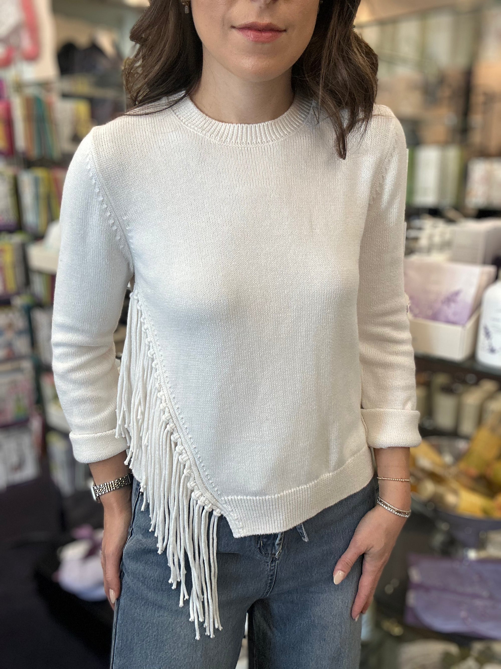 Fringe Trim Crew Neck Pullover