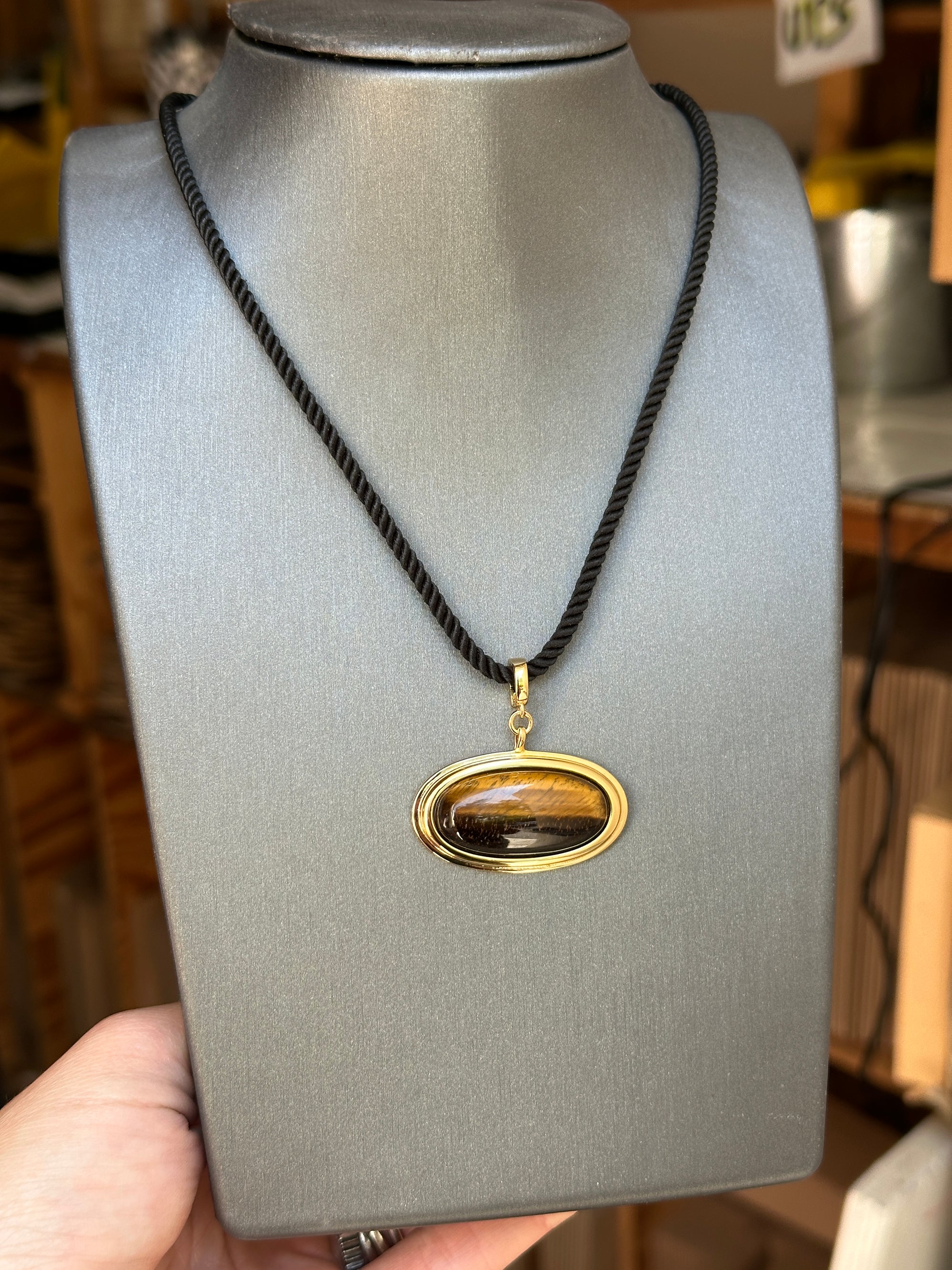 Oval Tiger Eye Charm on Black Rope Chain