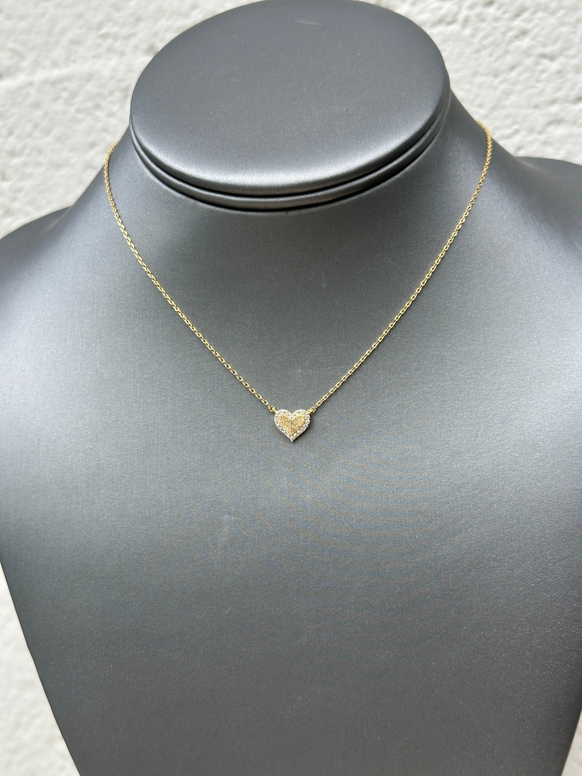 Brushed Gold & CZ Heart Necklace