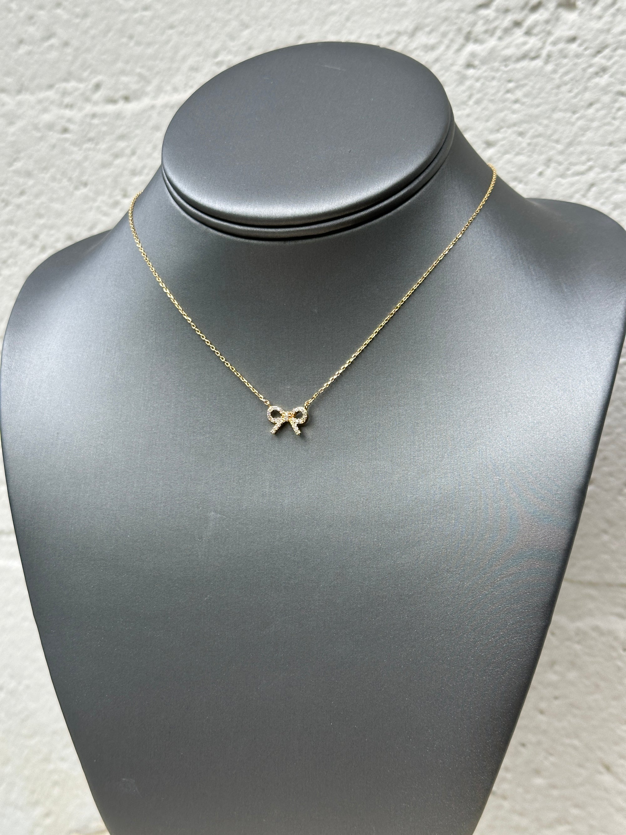 Gold Dipped Cz Stud Ribbon Bow Pendant Necklace