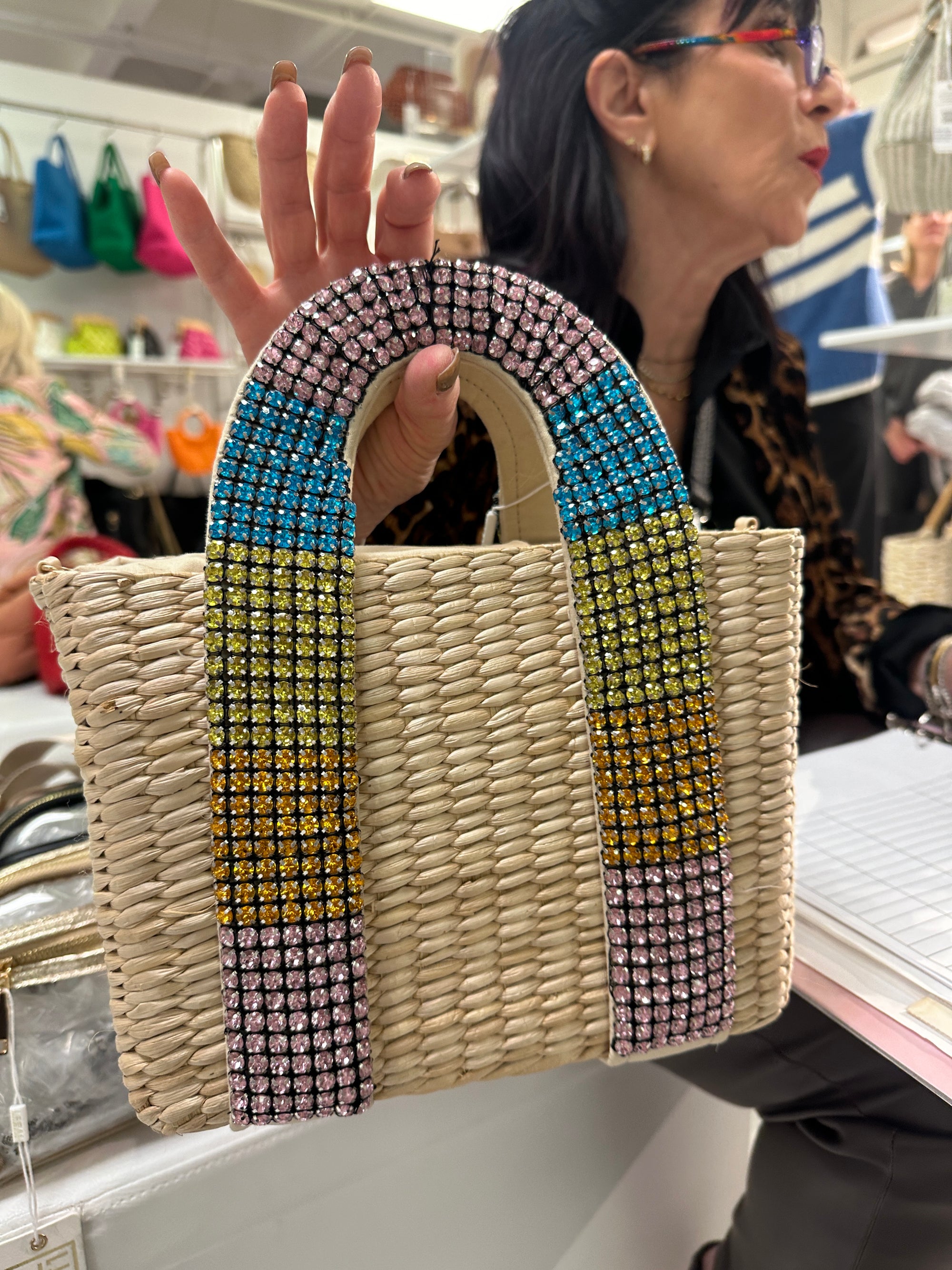 Crystal Accent Straw Bag