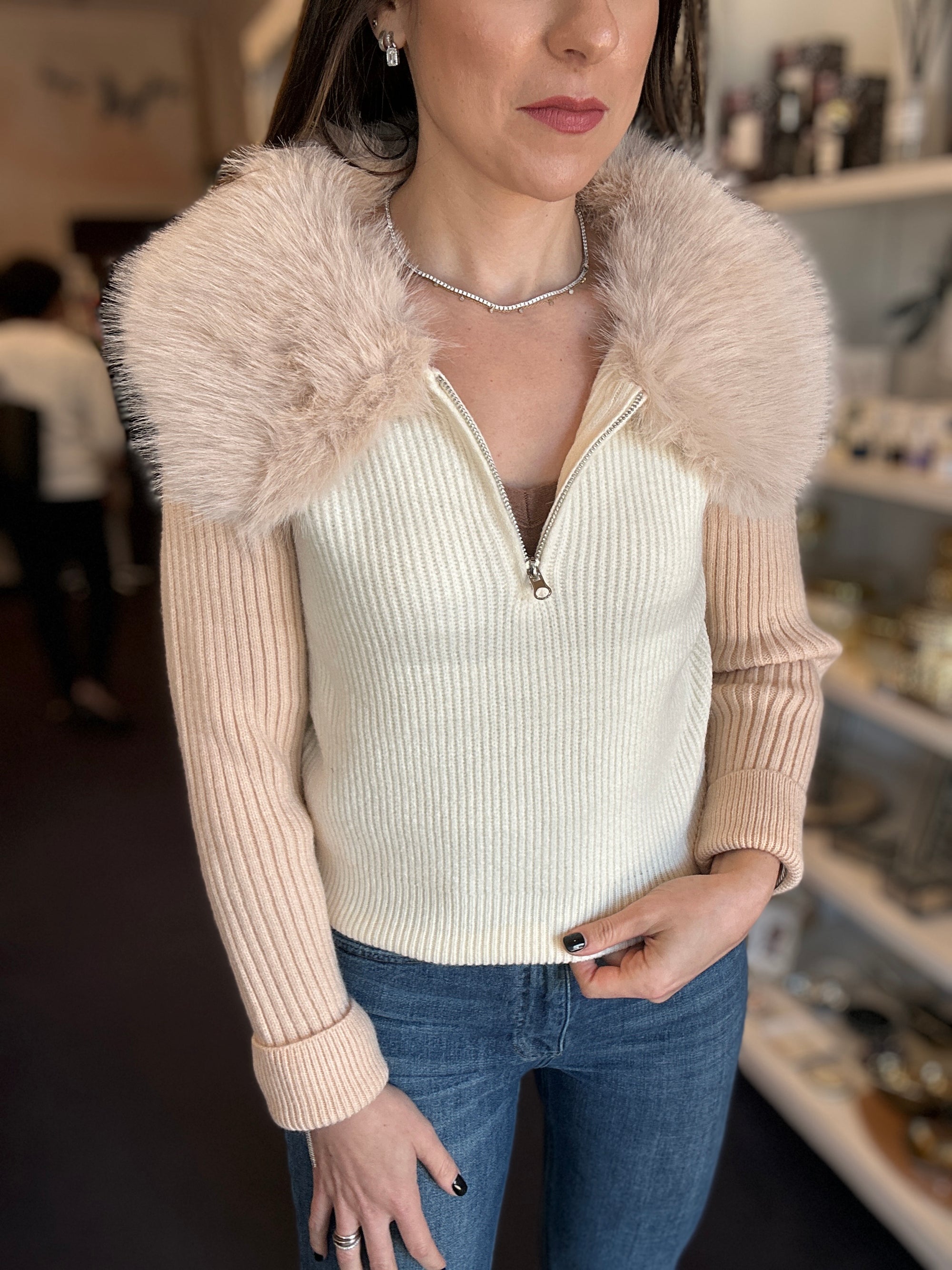 Faux Fur Collar Pullover