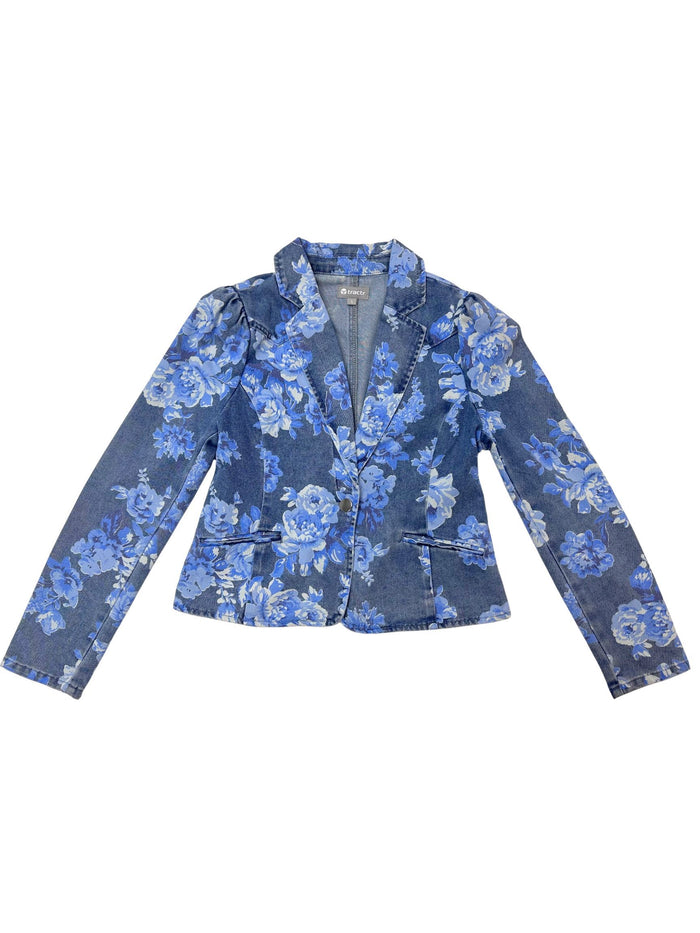 PRINTED BLUE FLORAL PUFF SLEEVE SINGLE BUTTON BLAZER