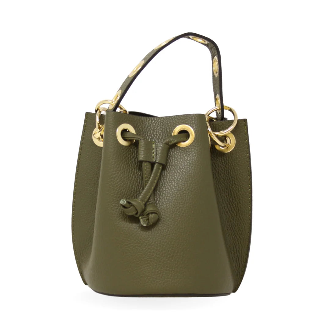 Genuine Italian Leather Bucket Bag - Olive