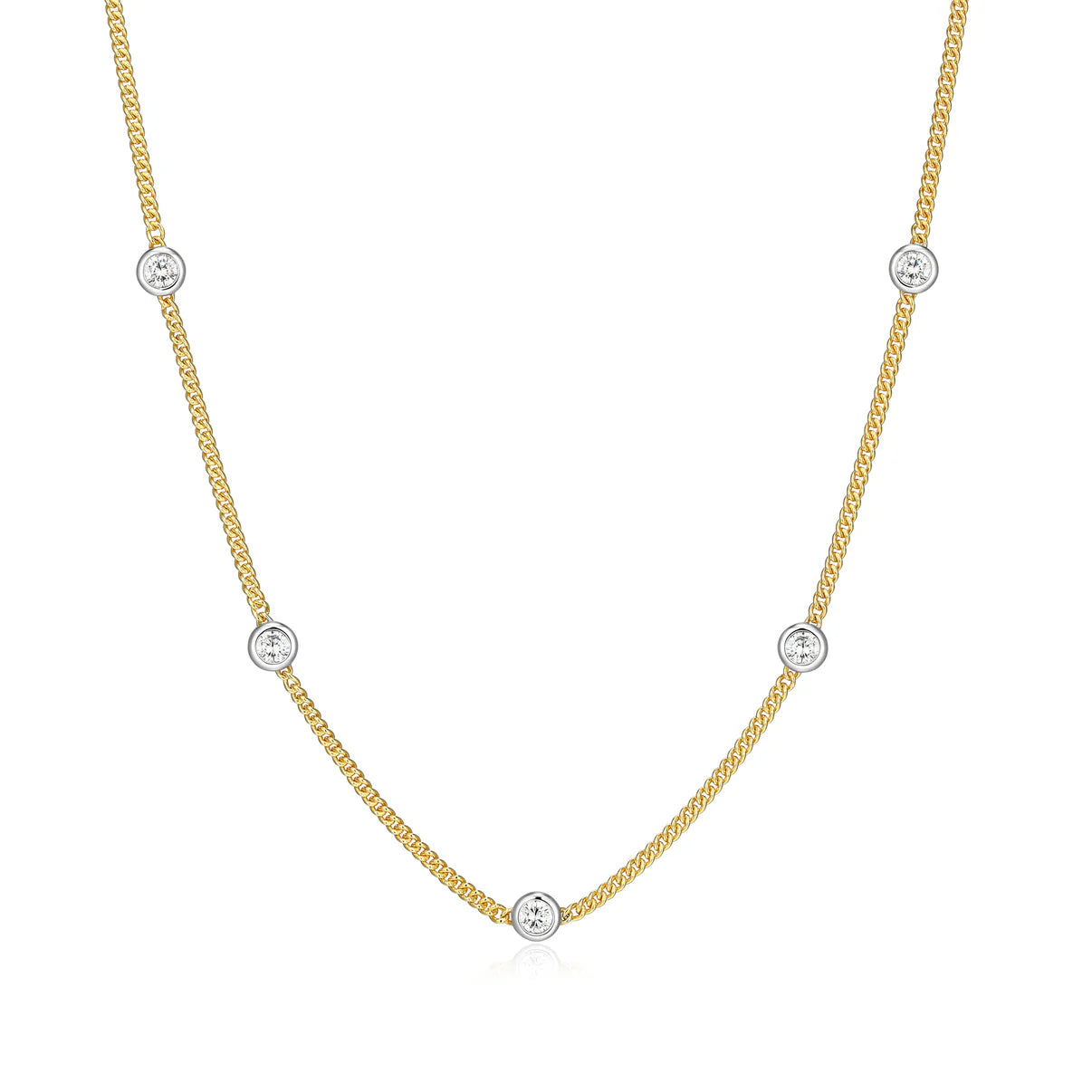 Two-Tone Station Diamond Curb Chain Necklace