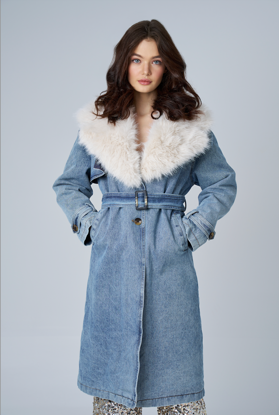 Denim Fur Collar Trench