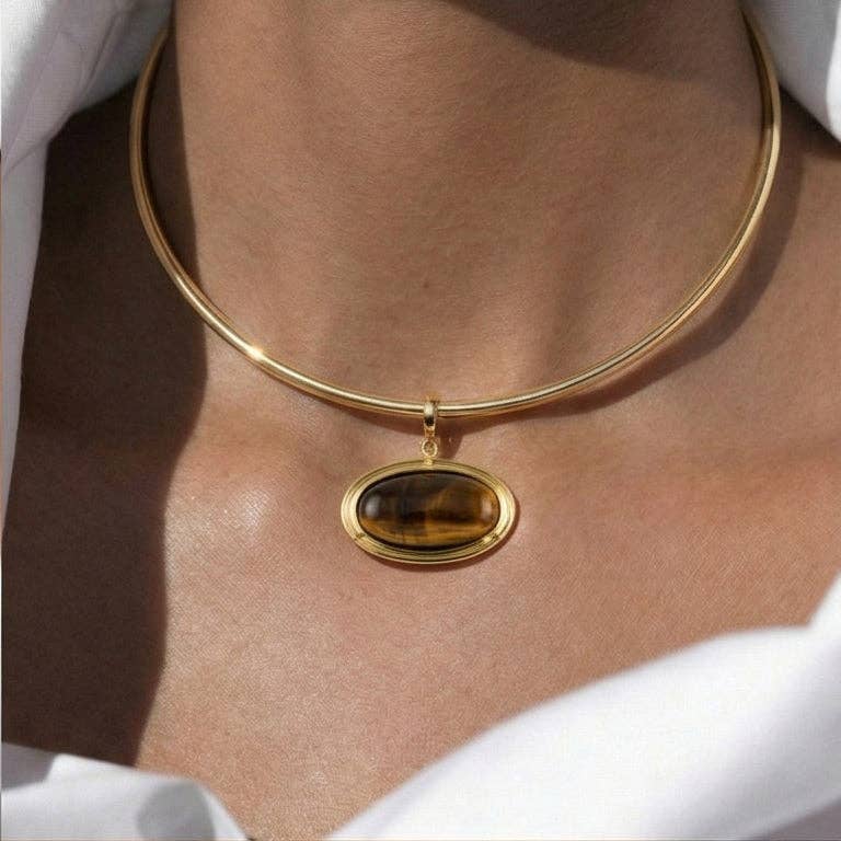 Oval Tiger Eye Charm on Black Rope Chain