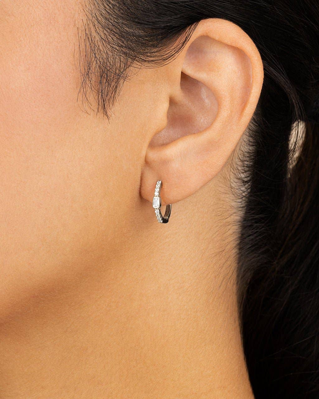 Emerald Cut Bezel Set Huggie Hoop Earrings
