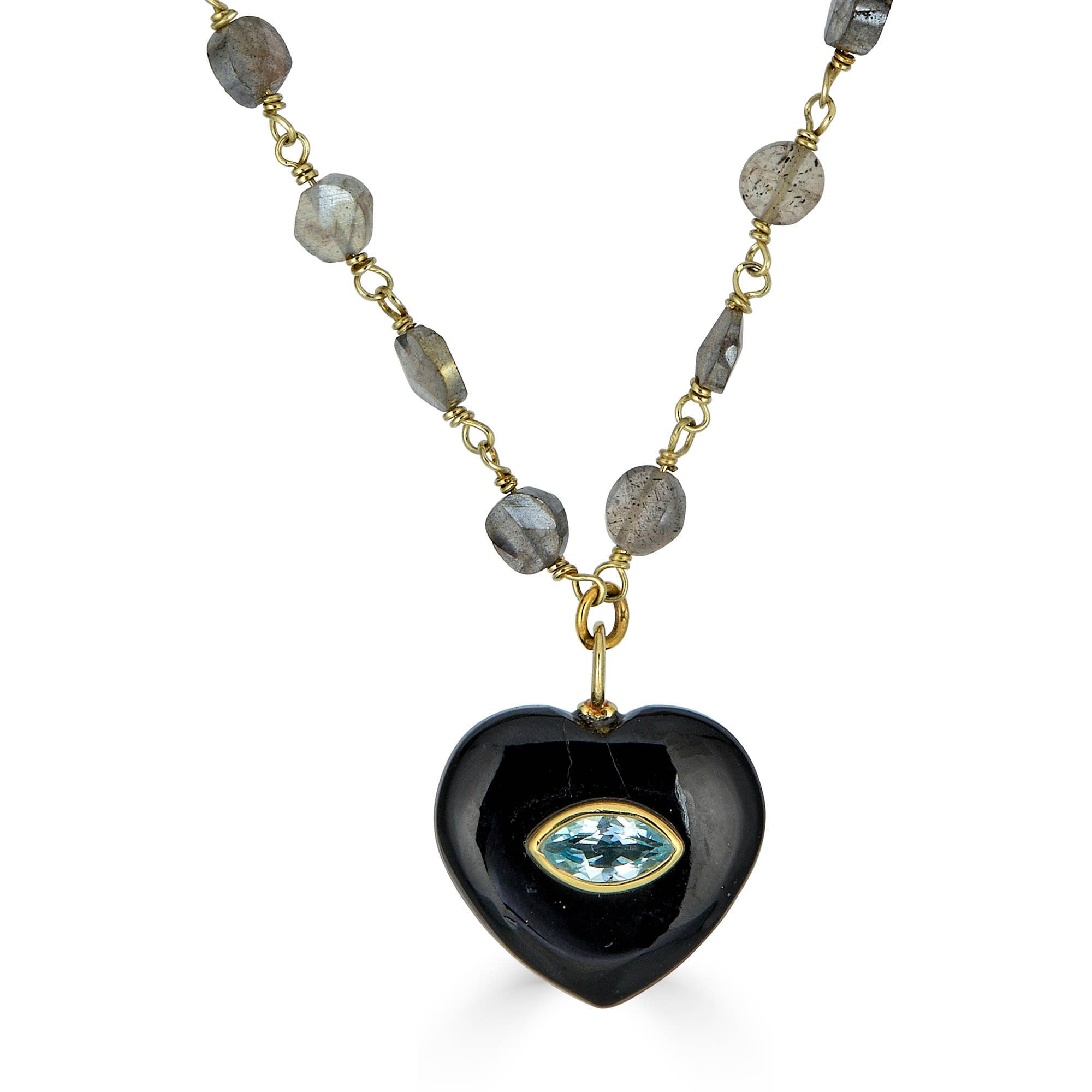 Black Onyx and Labradorite Heart Pendant Necklace