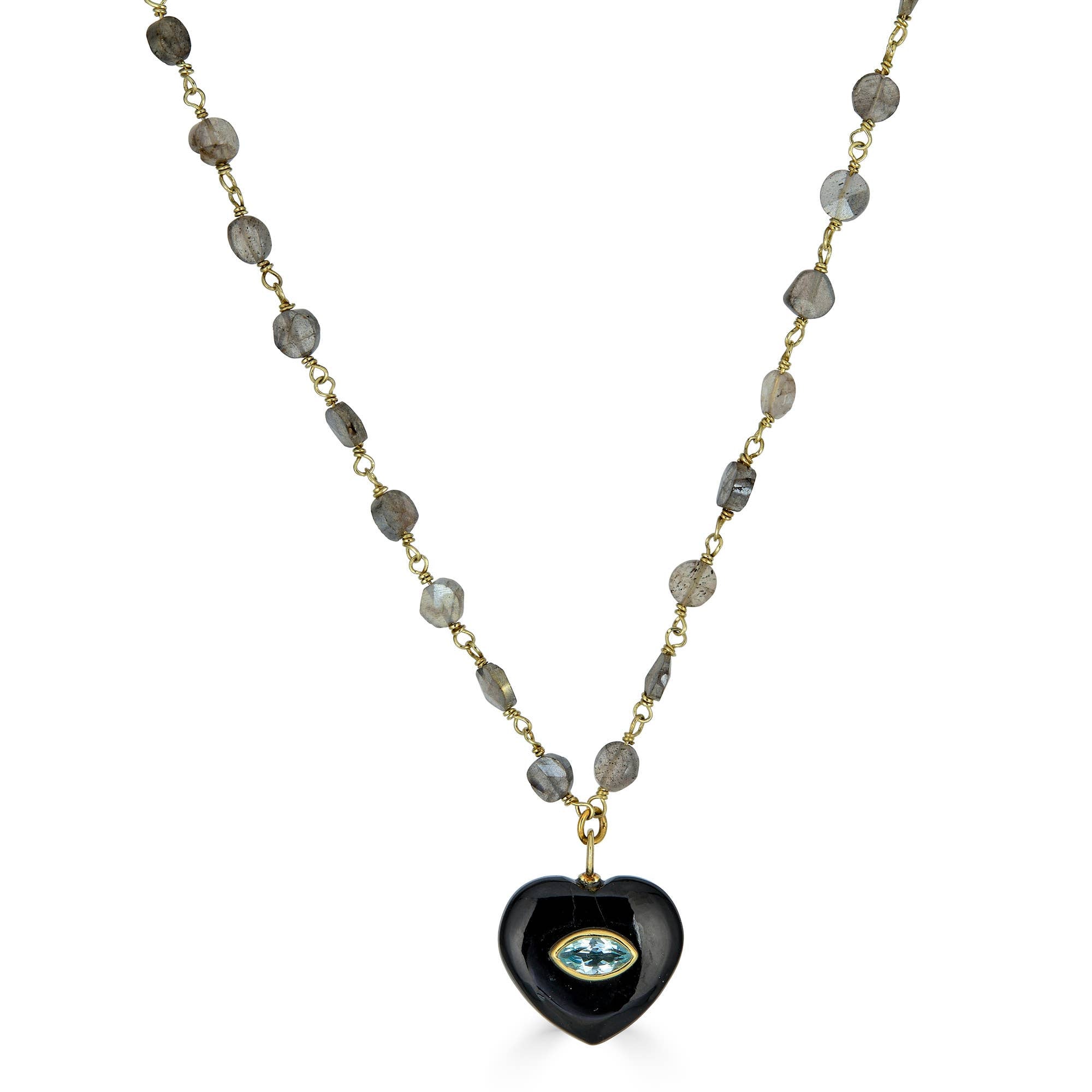 Black Onyx and Labradorite Heart Pendant Necklace