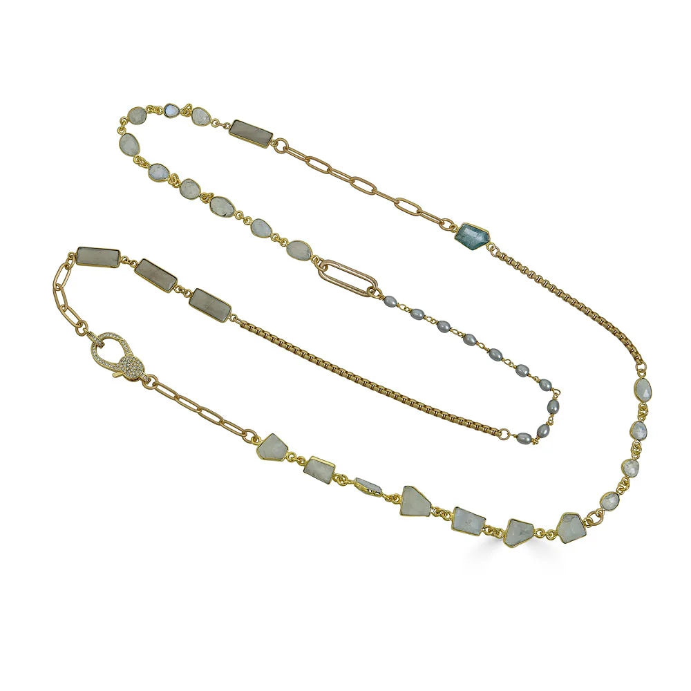 Moonstone, Aquamarine and Pearl Long Necklace