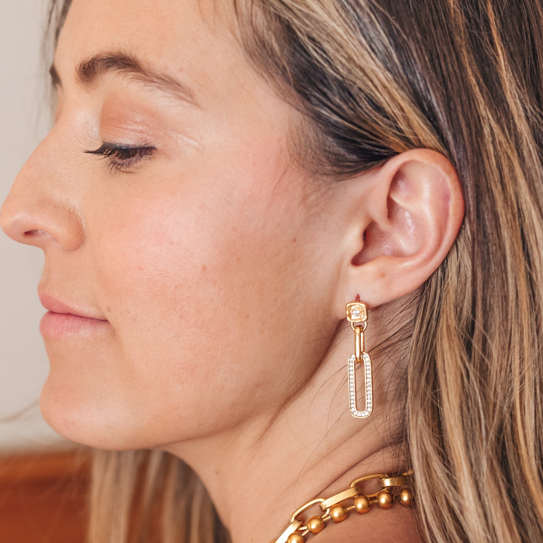 Gold Pave Chain Post Earrings