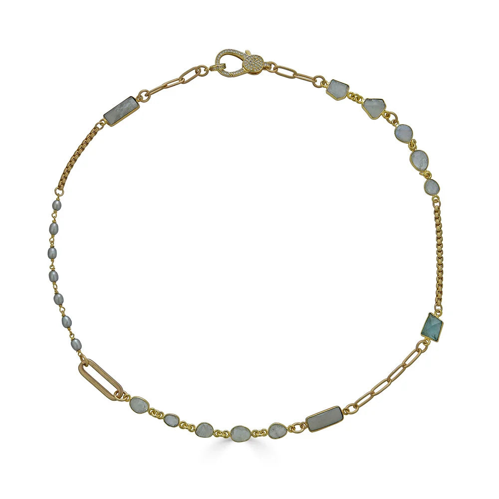 Moonstone, Aquamarine and Pearl Short Necklace
