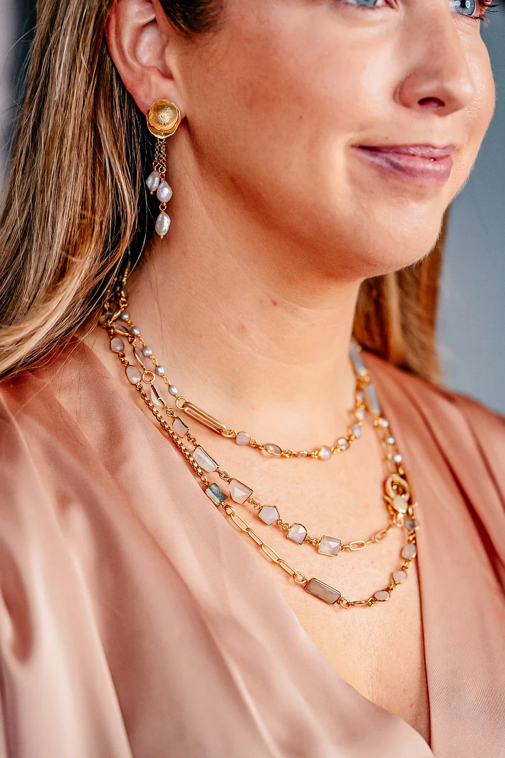 Moonstone, Aquamarine and Pearl Long Necklace