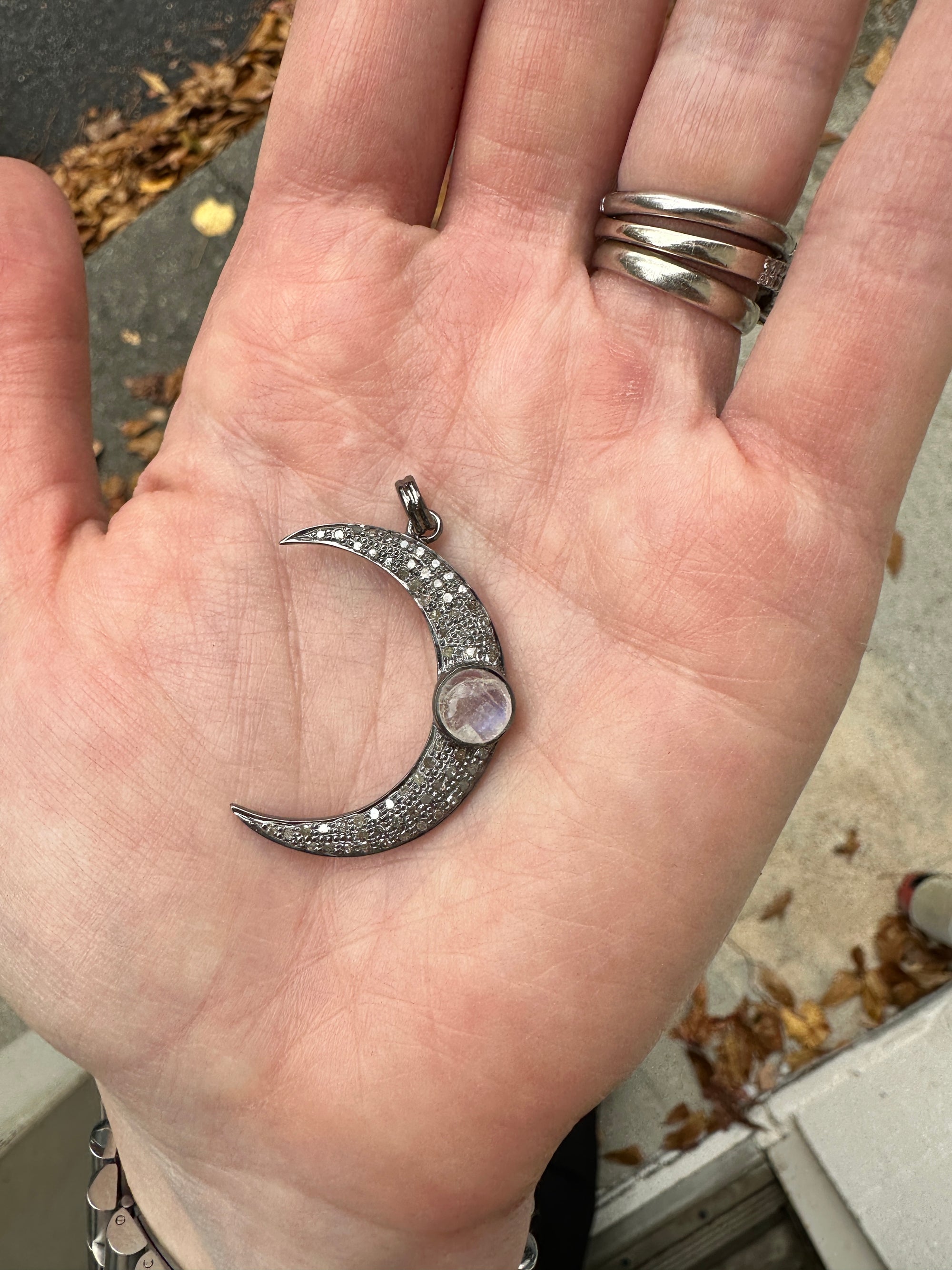 Pave Diamond and Moonstone Moon Pendant