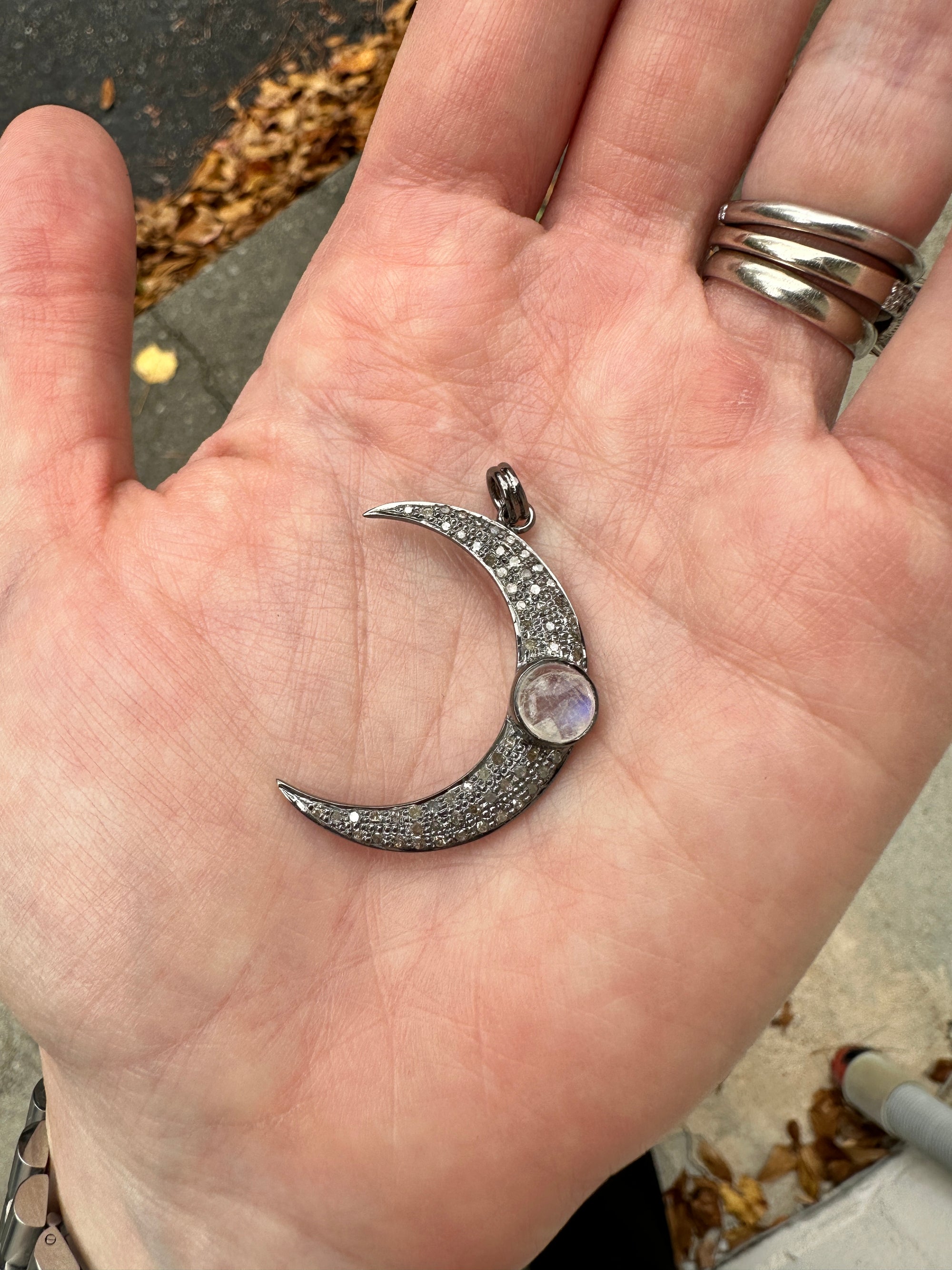 Pave Diamond and Moonstone Moon Pendant