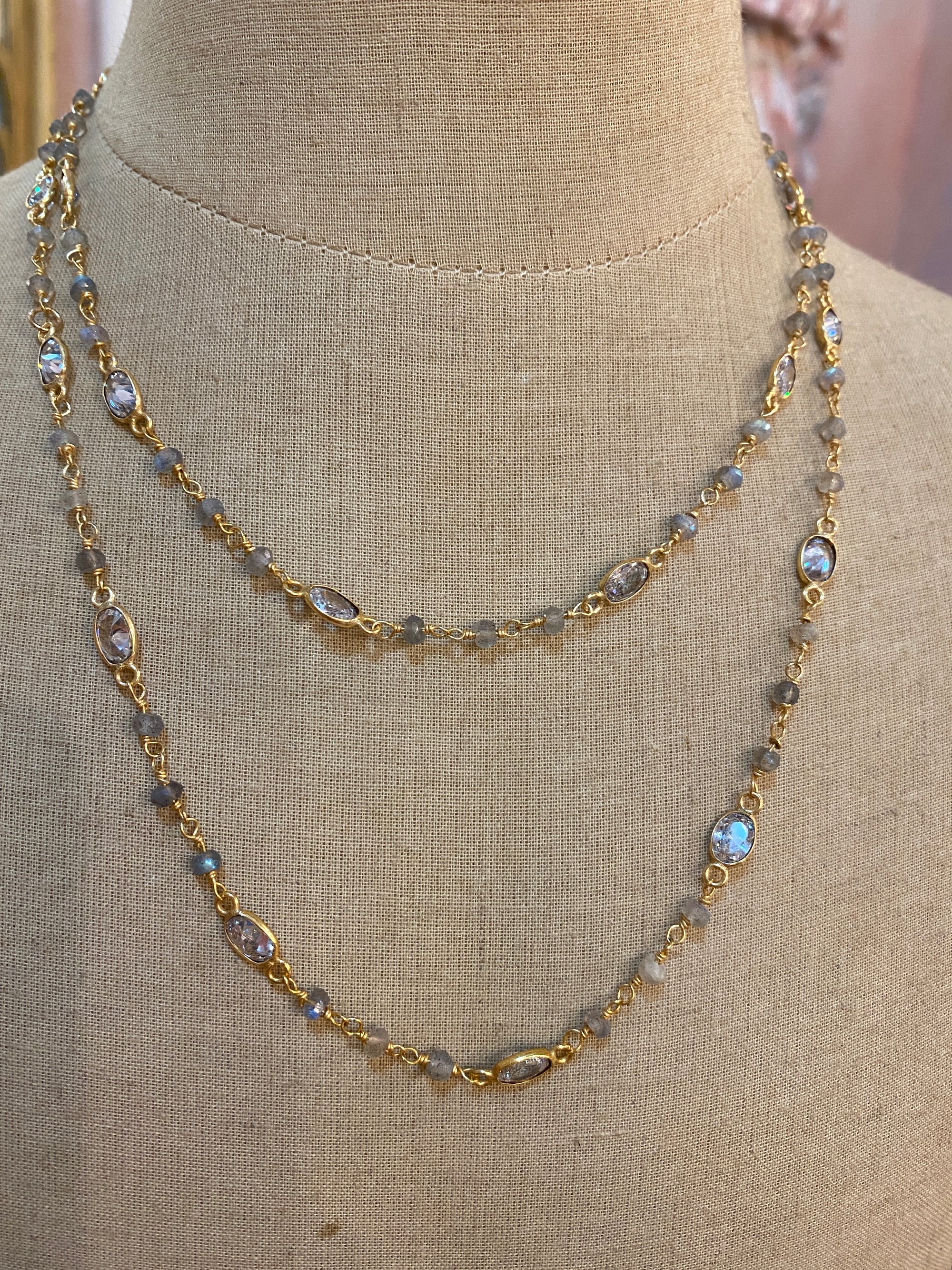 Long Labradorite and Crystal Necklace
